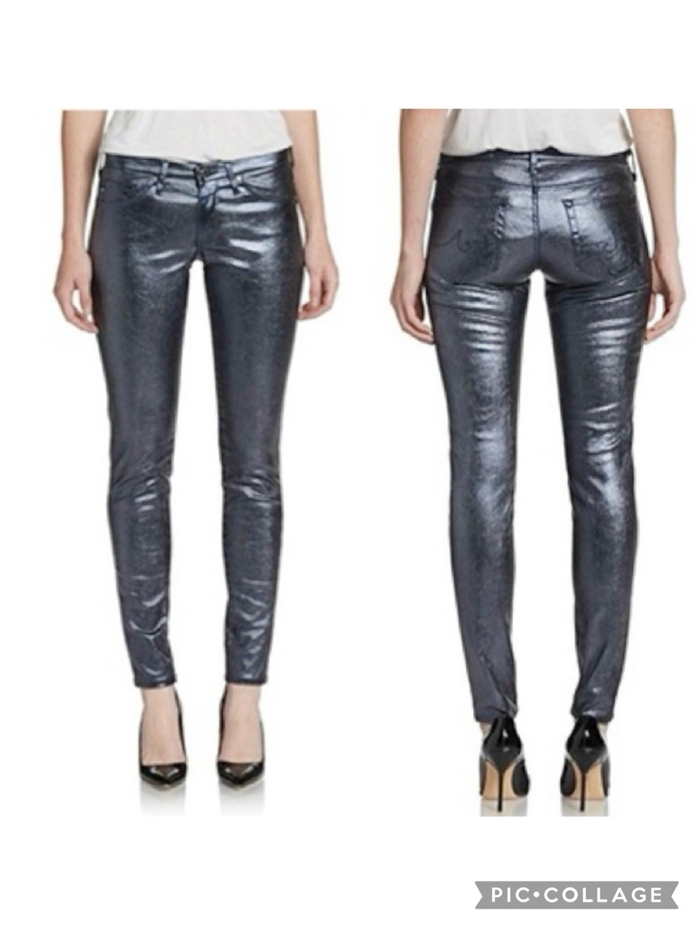 Adriano Goldschmied The Silhouette Metallic Coated Blue Skinny Ankle Jeans 28